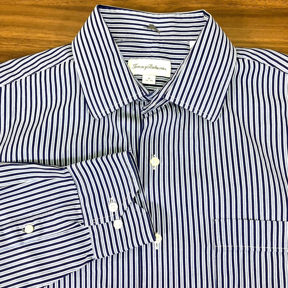 Tommy Bahama Mens Blue/White Striped 100% Cotton Long Slv Button Dn Shirt 16/30